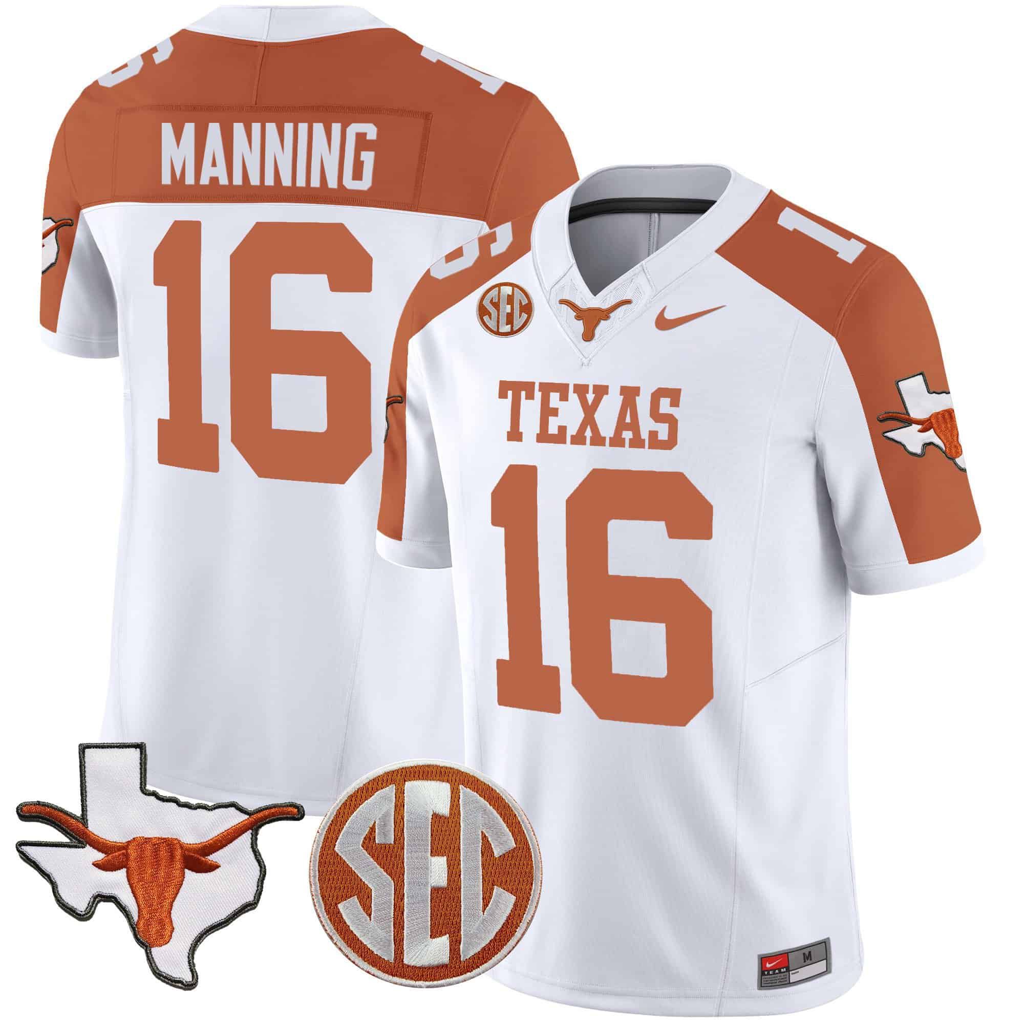 Men Texas Longhorns 16 Manning White 2024 Nike State Map & SEC Patch Vapor NCAA Jersey style 1